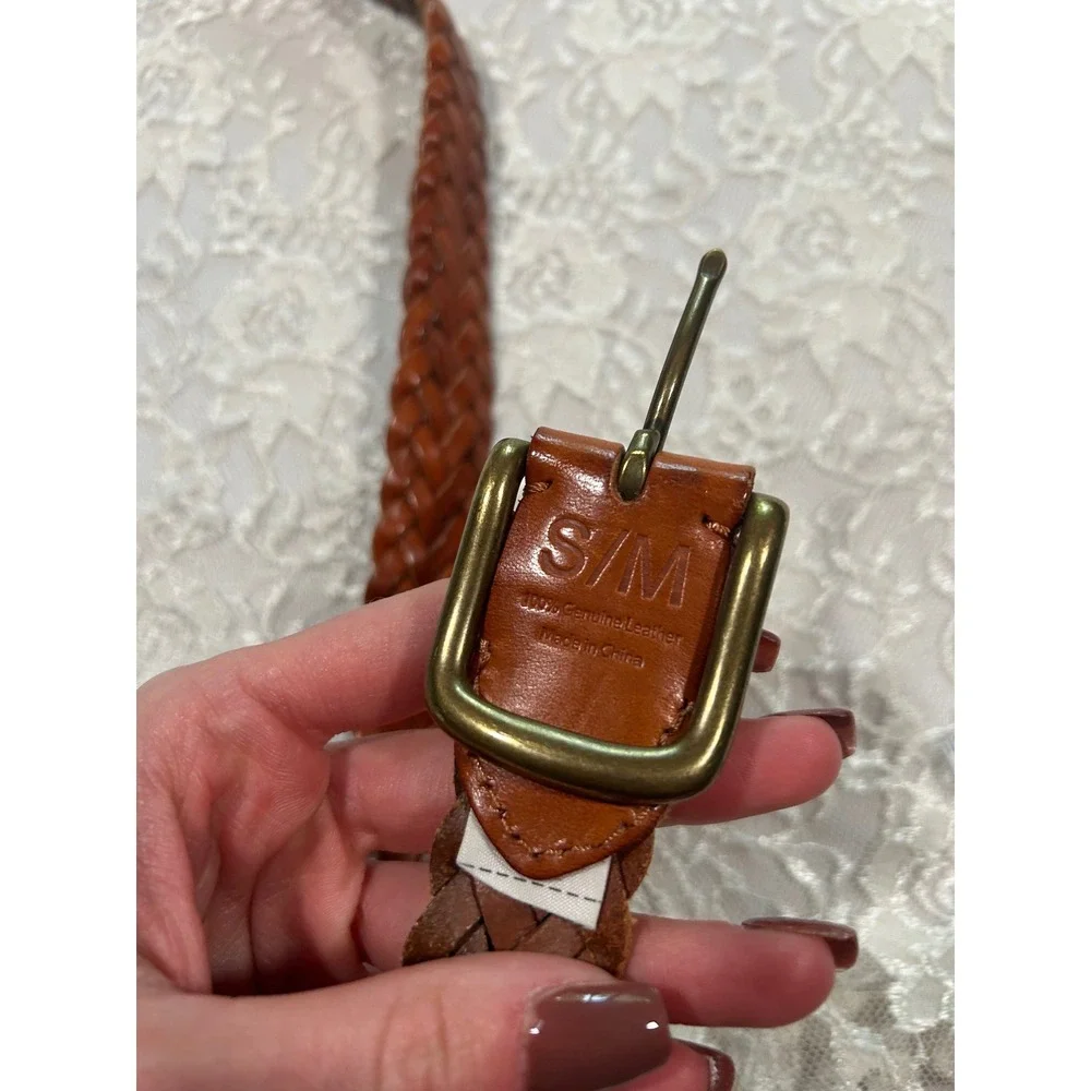Cognac Brown Braided Leather Belt Brass Buckle S/M Boho Cottagecore Western